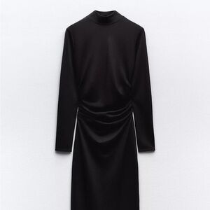 Zara Black Sheath Dress with Ruched Detail and Mock Neck